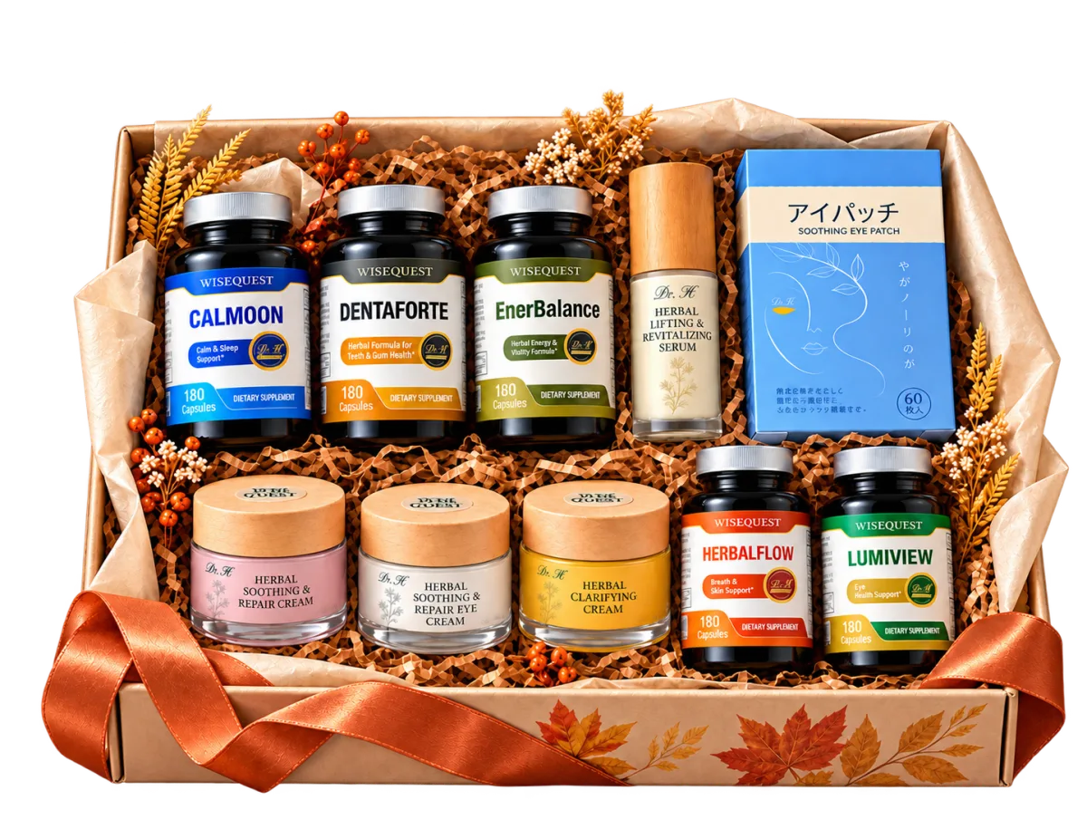 Gift set: CalMoon, DENTAFORTE, EnerBalance, Herbal Lifting Serum, Cooling Eye Patches, three herbal creams, HERBALFLOW and LUMIVIEW.