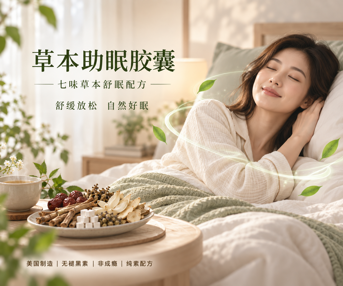草本助眠膠囊產品圖:七味草本舒眠配方,舒緩放鬆自然好眠