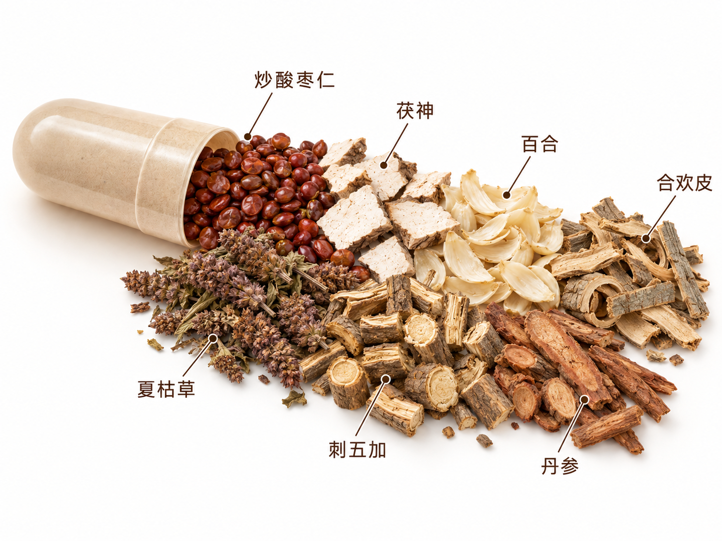 草本助眠膠囊七味草本標註圖:炒酸棗仁、茯神、百合、合歡皮、夏枯草、刺五加、丹參