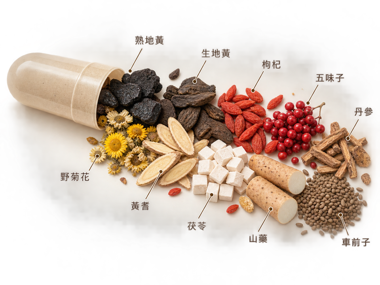 草本固齿胶囊十味草本标注图:熟地黄、生地黄、枸杞、五味子、丹参、野菊花、黄芪、茯苓、山药、车前子