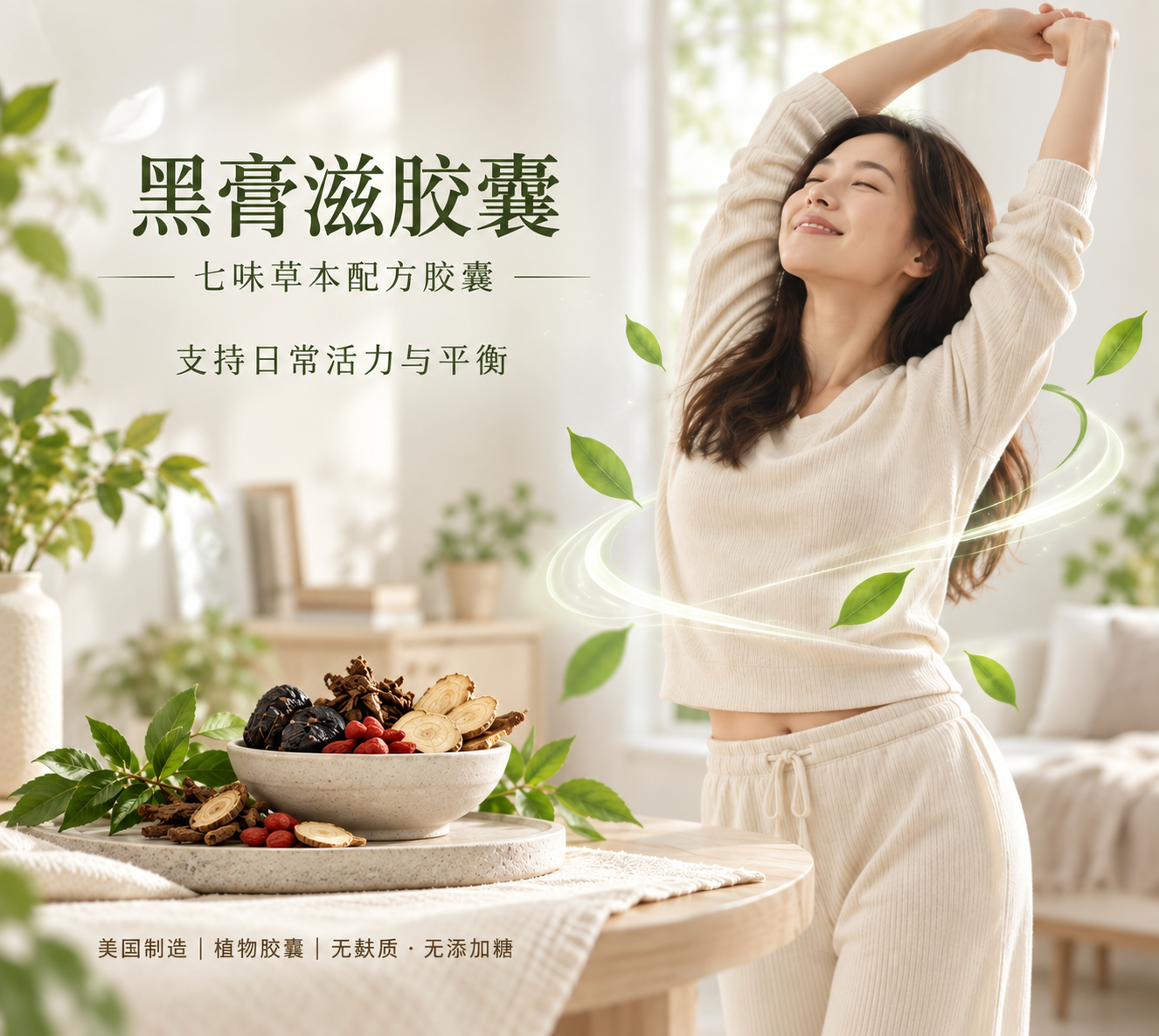 黑膏滋胶囊产品图:七味草本配方胶囊,支持日常活力与平衡