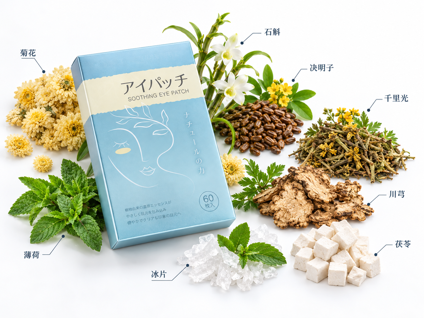 明目冷敷眼贴成分标注图:菊花、石斛、决明子、千里光、川芎、冰片、茯苓、薄荷